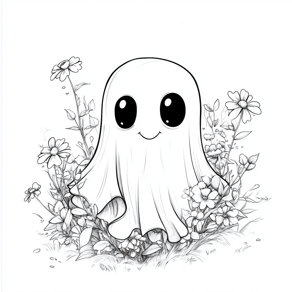 A ghost surrounded by flowers coloring page.