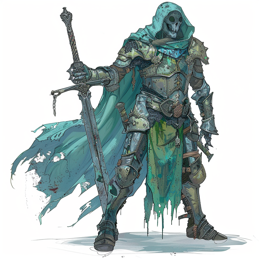 A ghostly knight in green-blue armor.