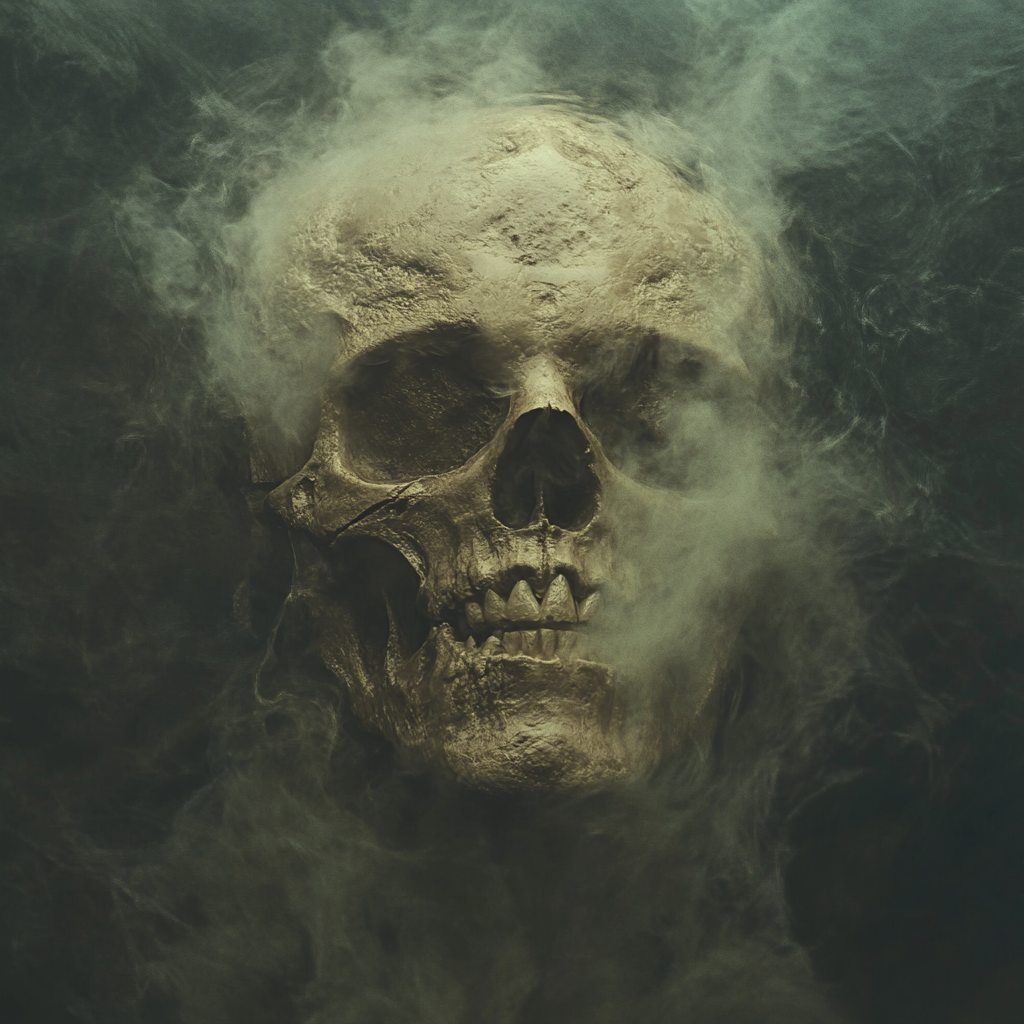 A ghostly skull dissolving into misty air