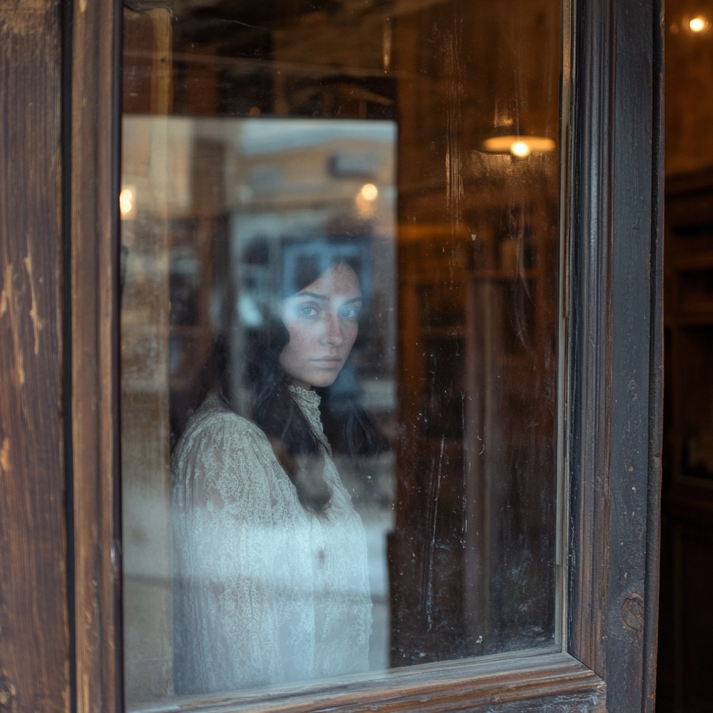 A ghostly woman in old barber shop window