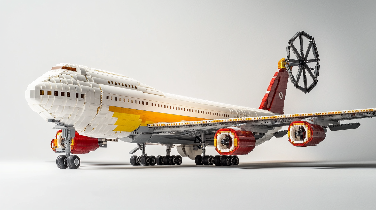 A giant Lego Boeing 747 in white studio