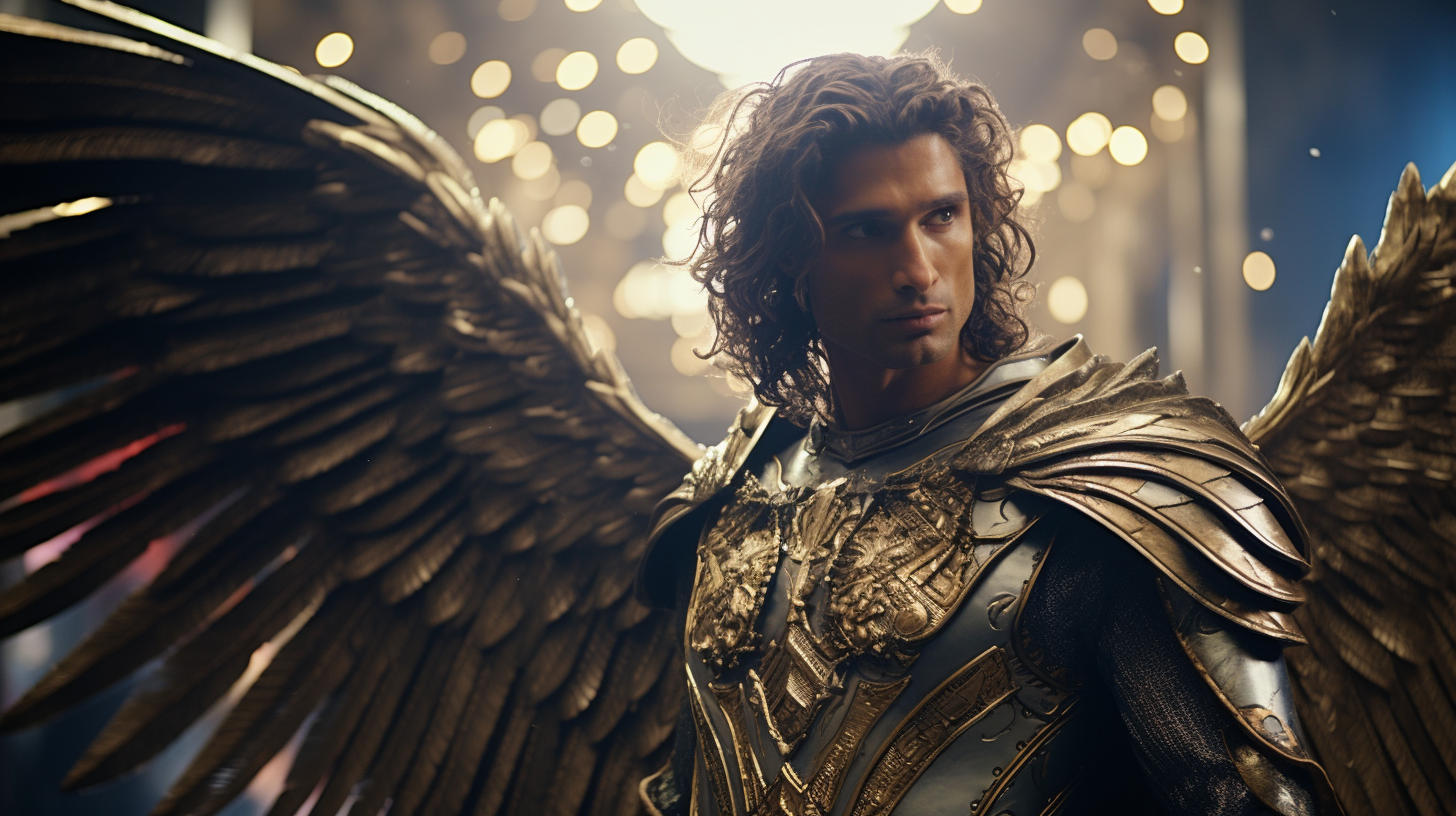 A giant archangel Miguel points up dramatically.