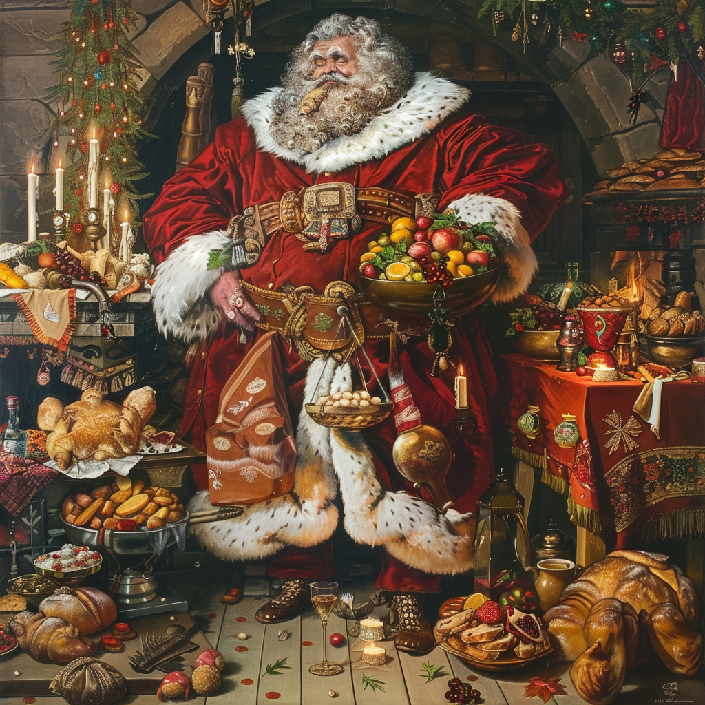 A giant man in red robes with abundant food.