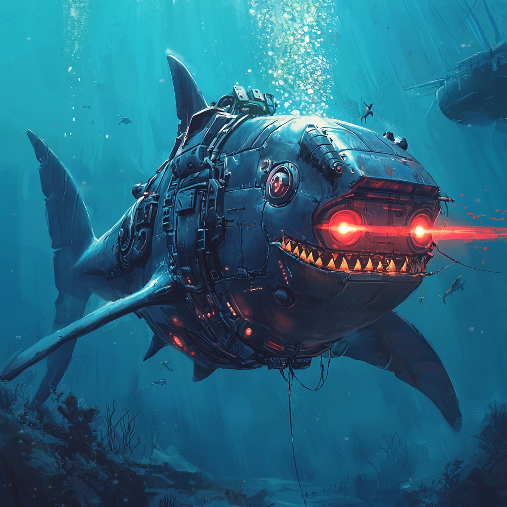 A giant robot shark underwater, shooting laser beams