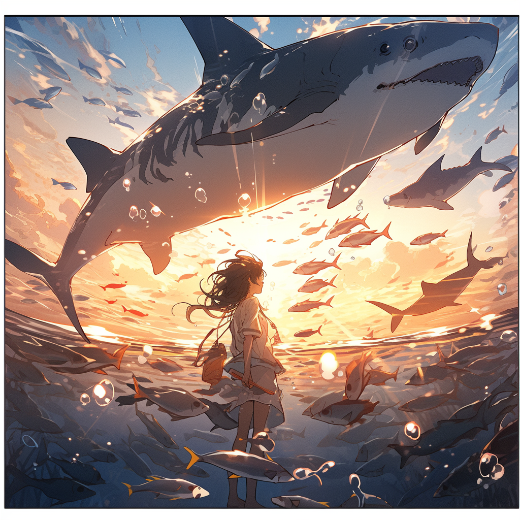 A giant shark swims with a girl at sunset.