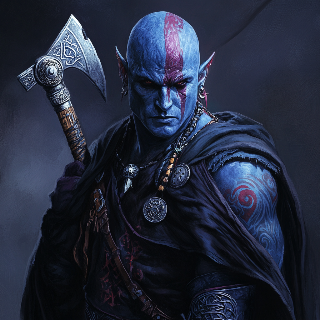 A giant warrior in blue with red tattoos