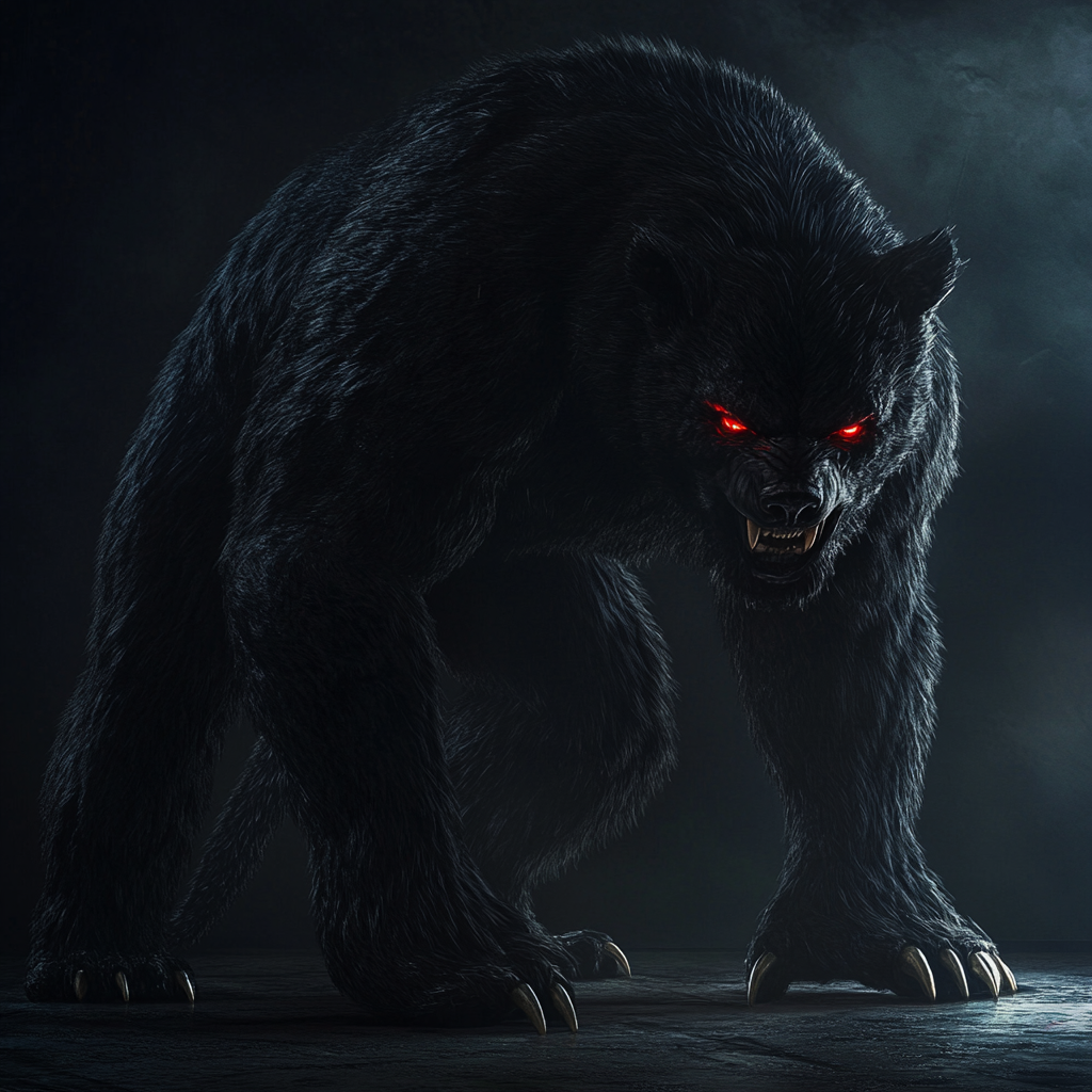 A giant with black fur and red eyes.