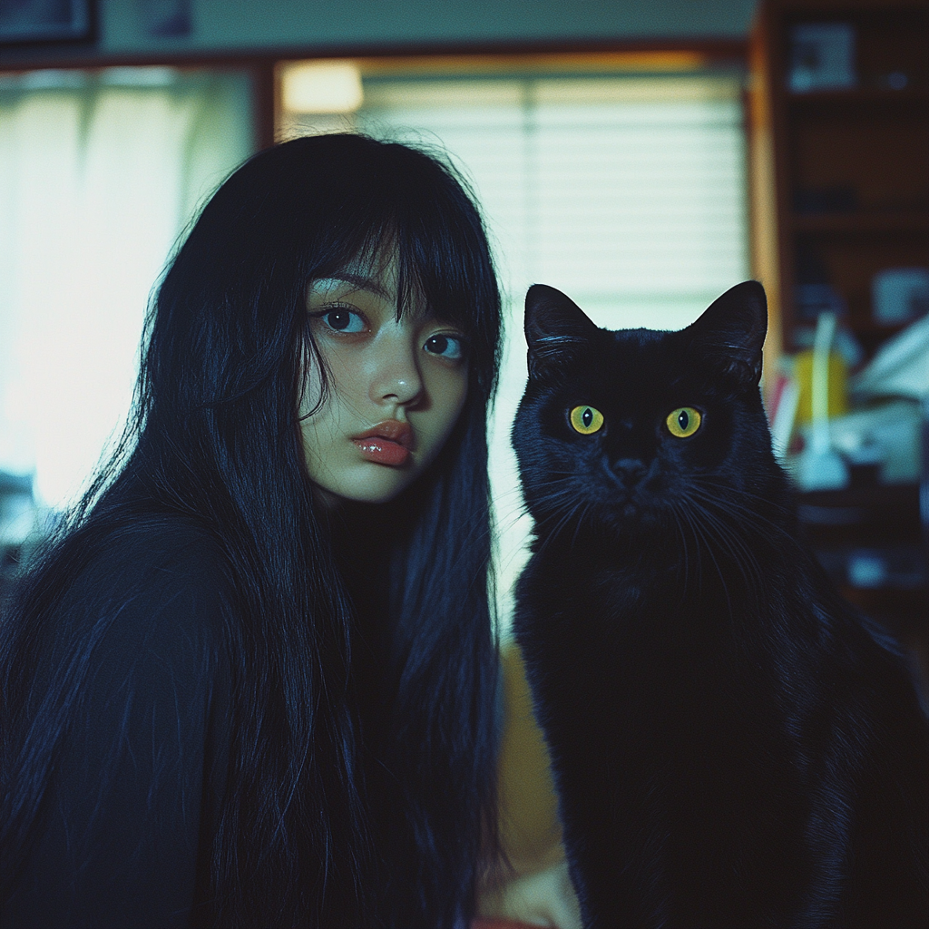 A girl and cat in '90s anime room.