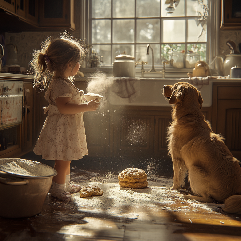 A girl and dog baking cookies in flour.