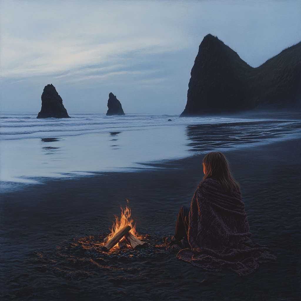 A girl by dusk campfire on Pacific Northwest beach