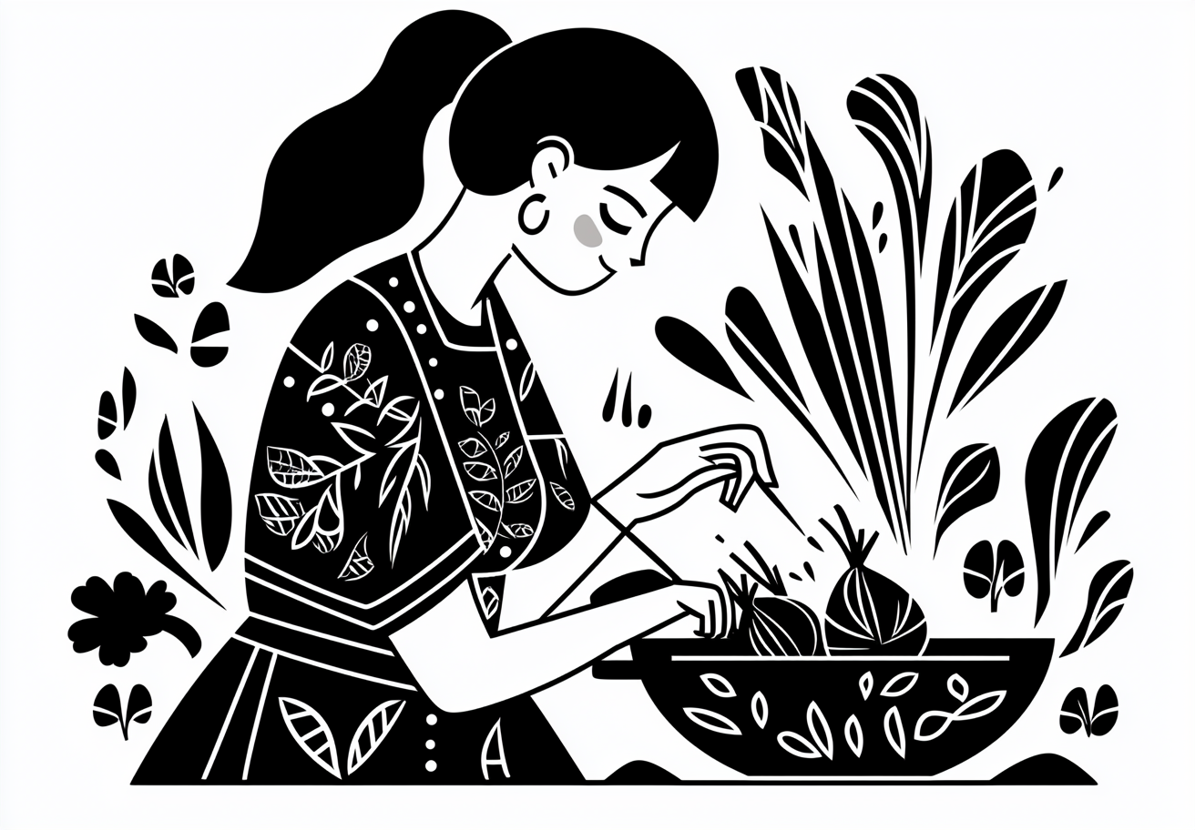 A girl cooking turnip pasta in Slavic style