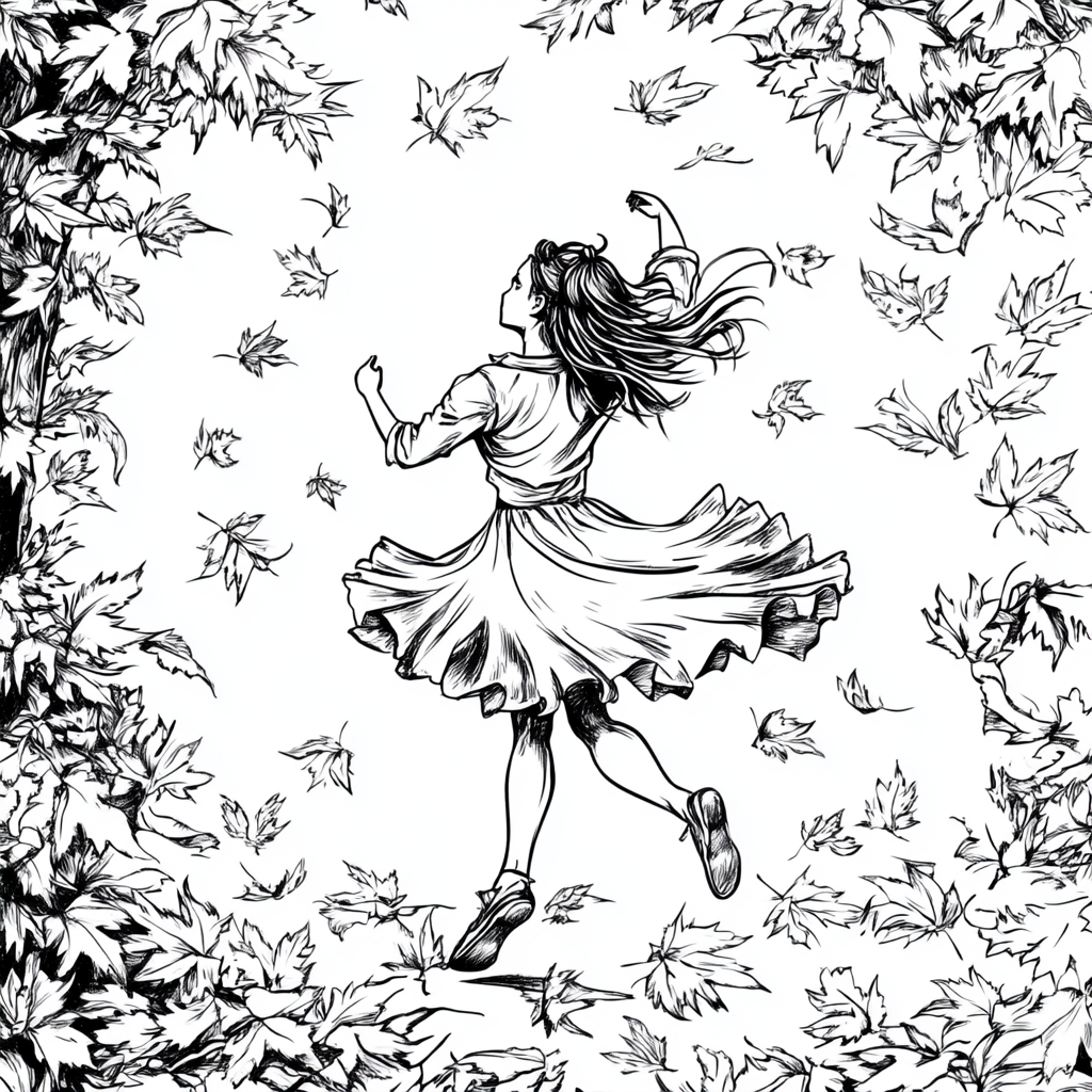 A girl dancing in autumn park coloring page