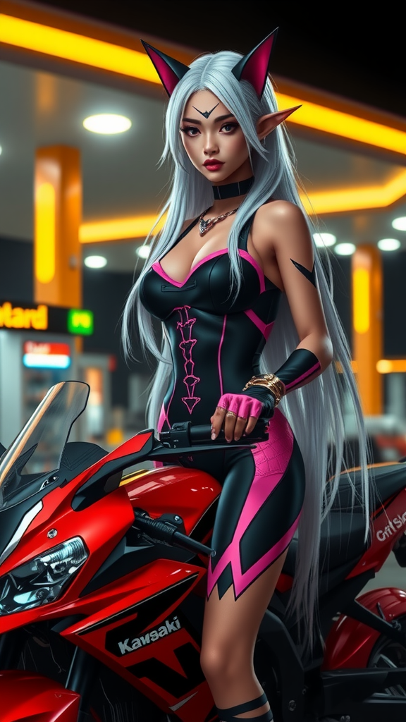 A girl elf with white hair stands on bike.