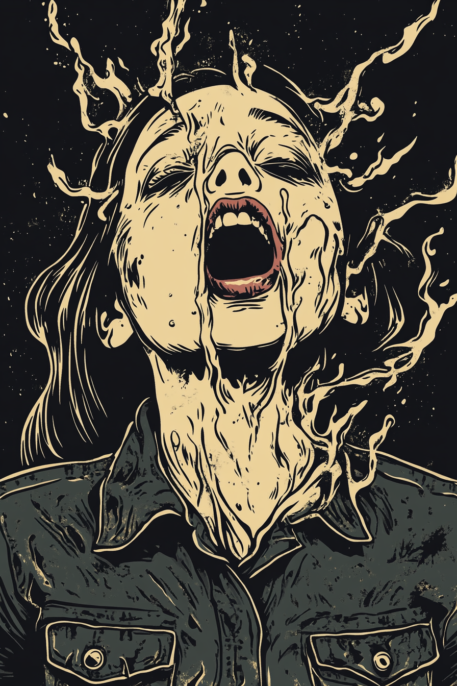 A girl exorcised on a surreal t-shirt graphic