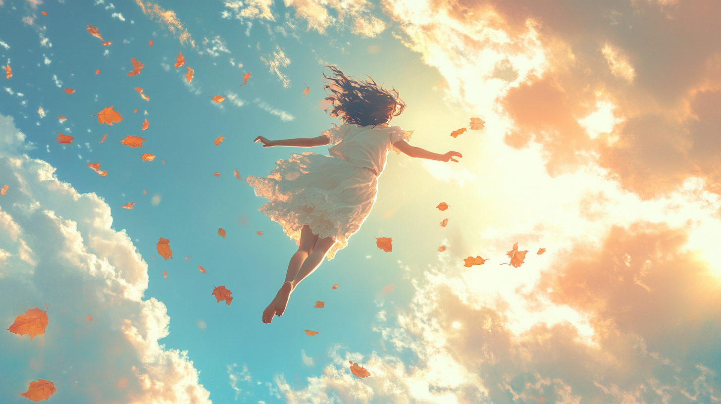 A girl flying in clouds, wearing a dress. Sky sunny.