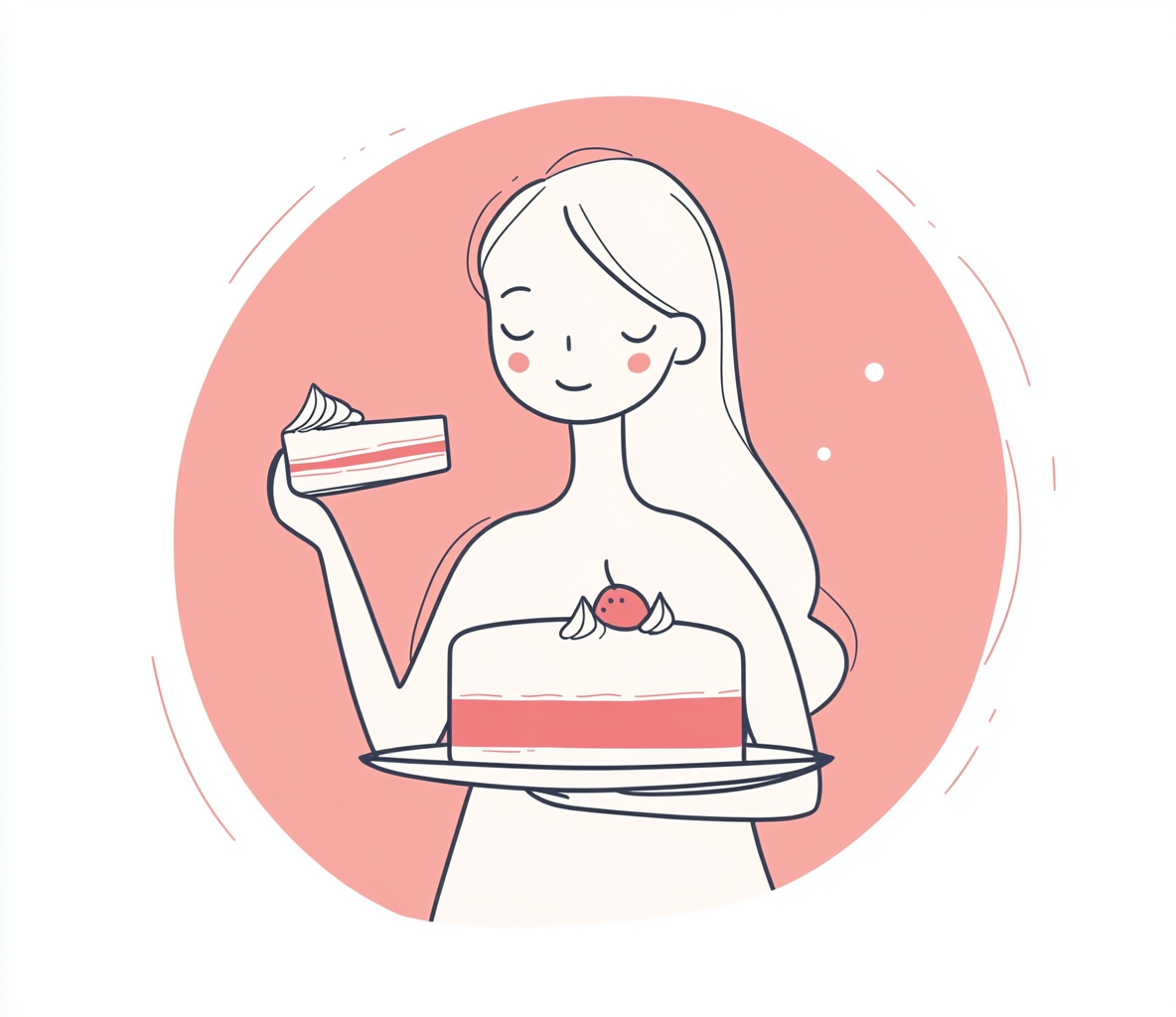 A girl holding cake on plate in red & pink.