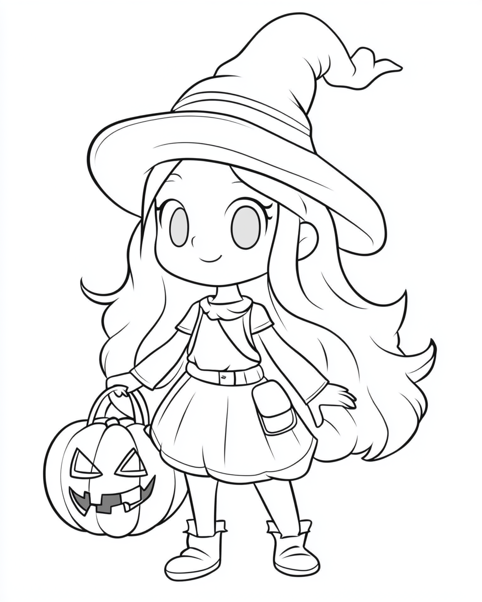 A girl in a witch hat trick-or-treating.