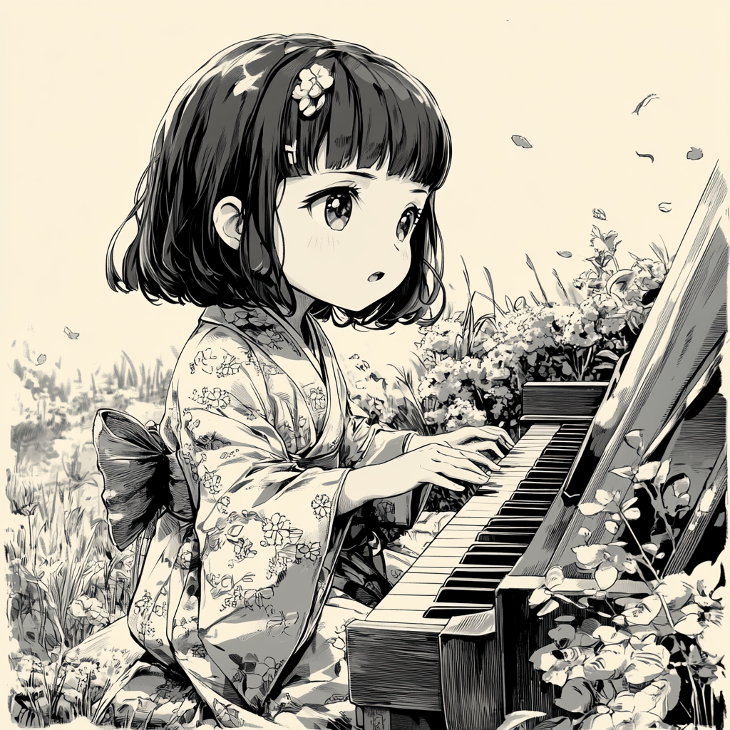 A girl in kimono playing piano in black&white