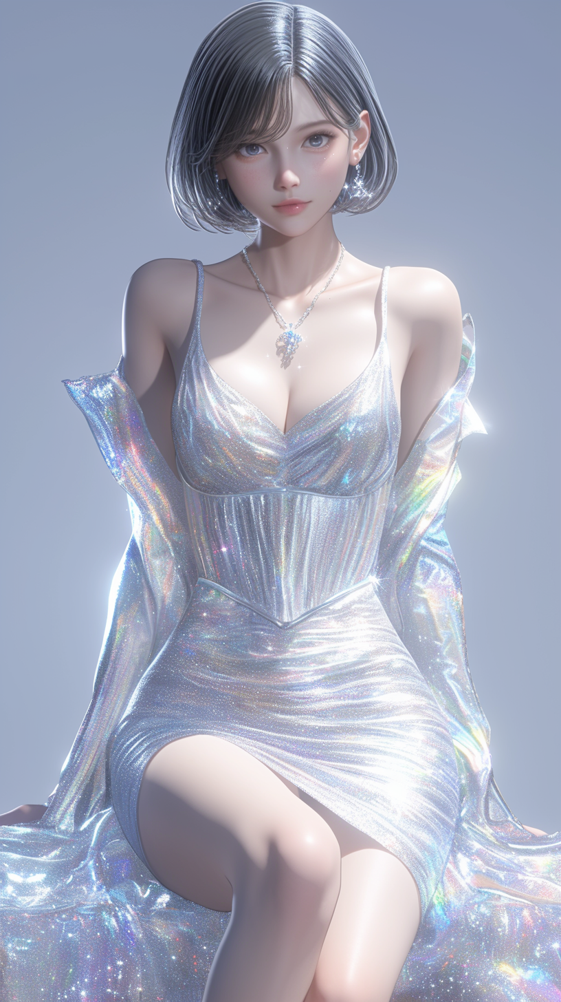 A girl in metallic dress with manga face pose.