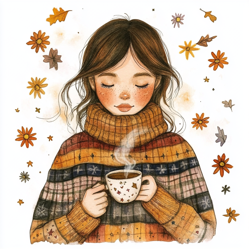 A girl in sweater with coffee in fall setting.