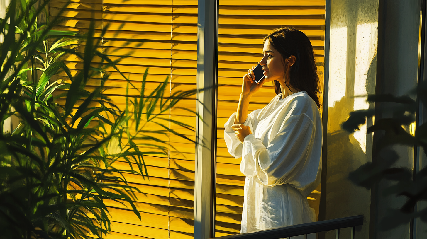 A girl in white nightwear talks on phone.