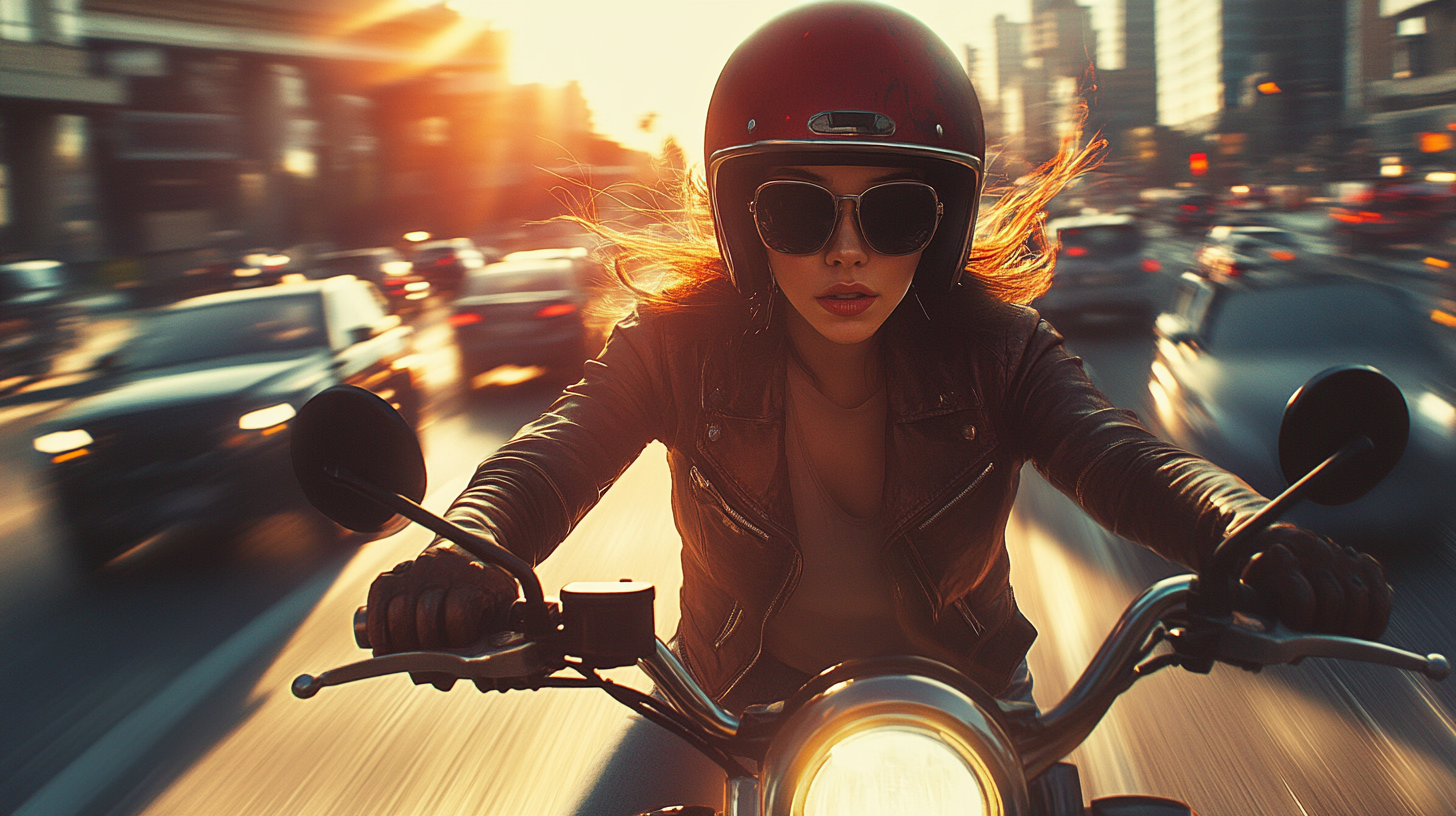 A girl on a motorcycle weaving through traffic