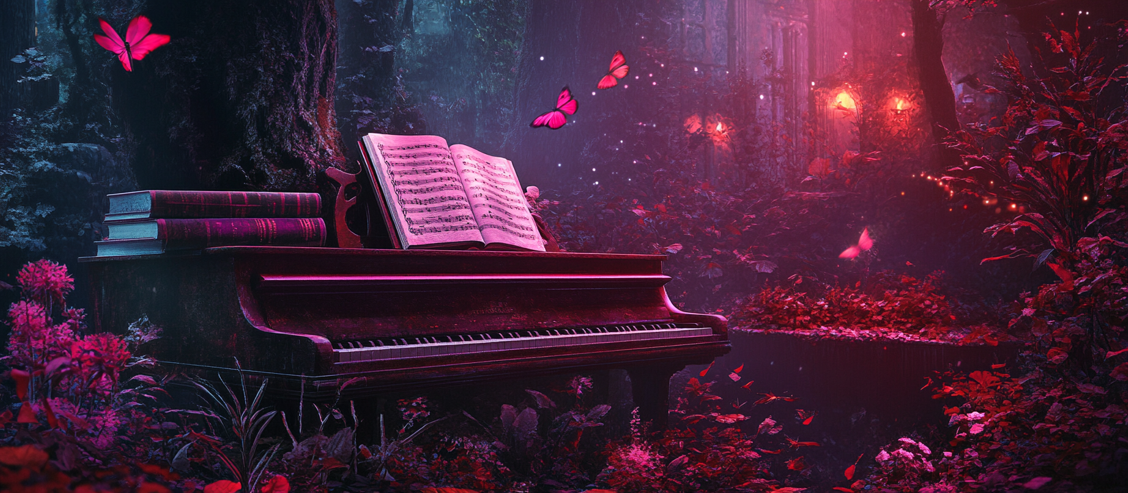 A girl plays piano in romantic forest night.