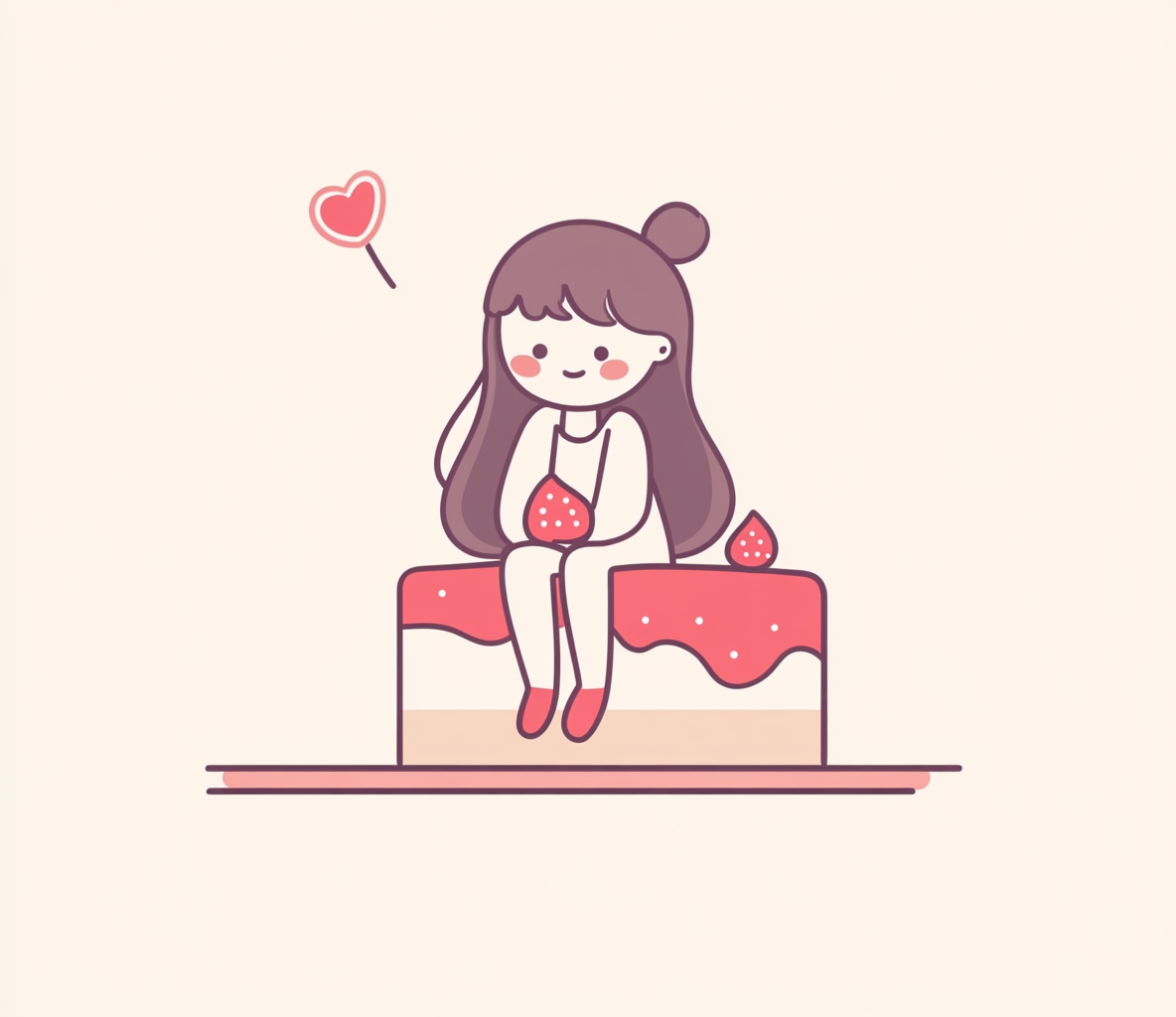 A girl sits on cake in red cartoon.