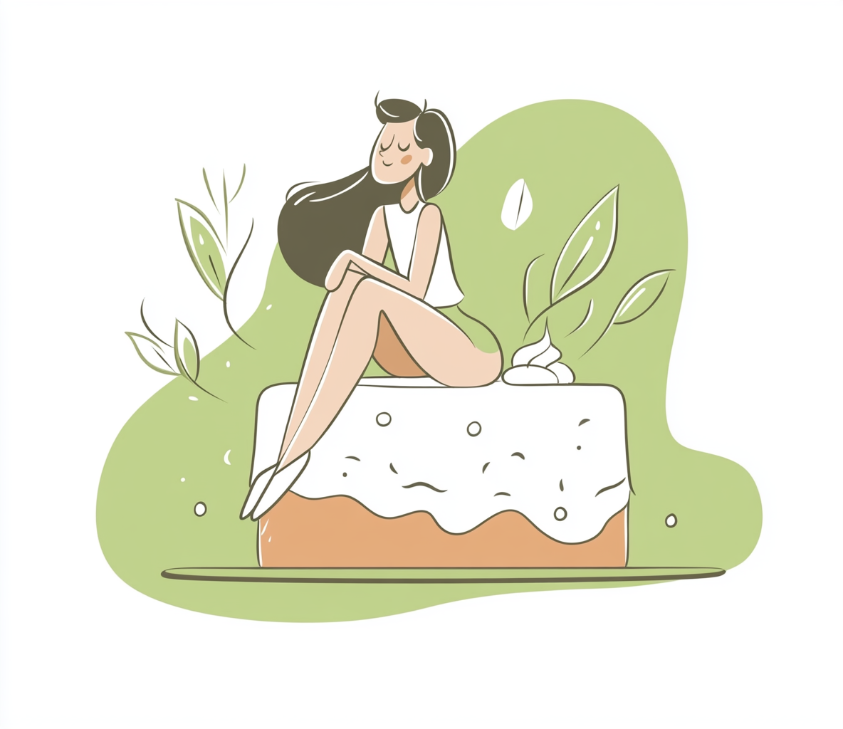 A girl sitting on a cake drawing.