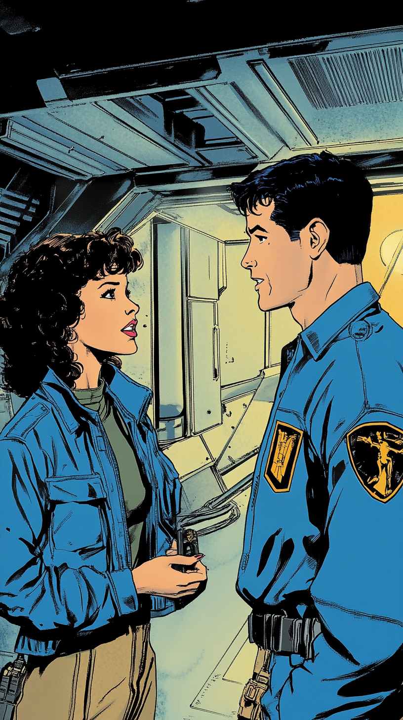 A girl talks to man in spaceship corridor.