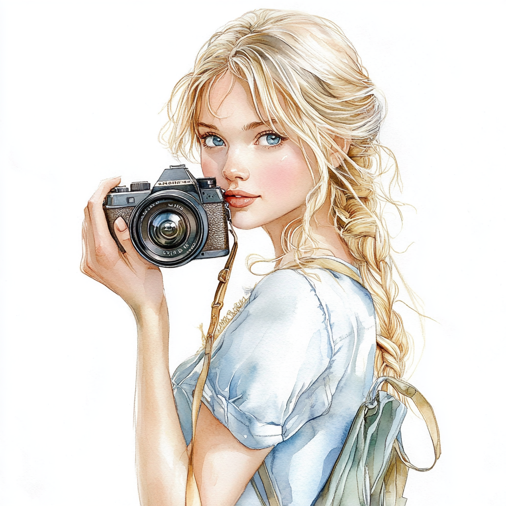 A girl with camera in watercolor illustration