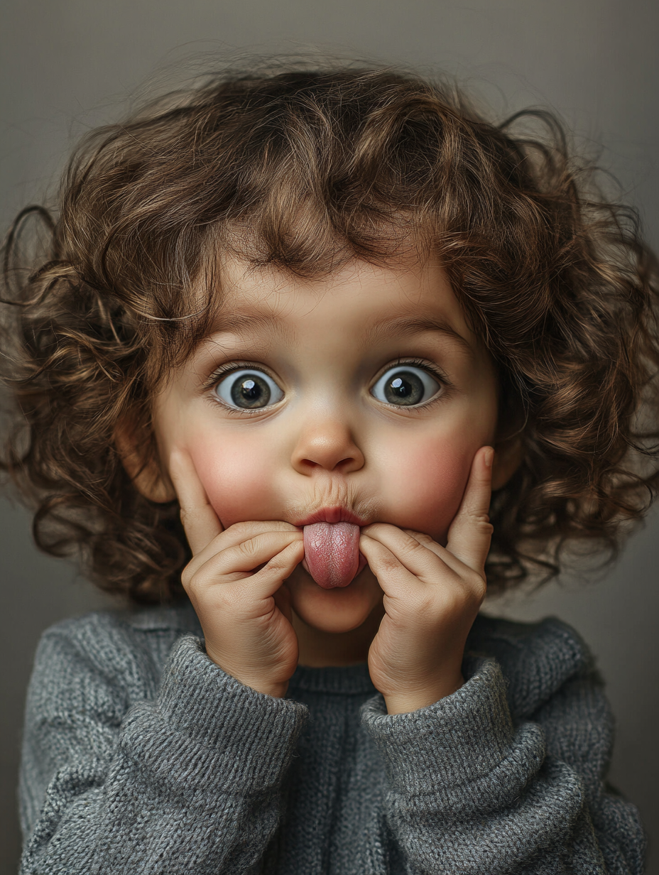 A girl with curly hair sticks out tongue.