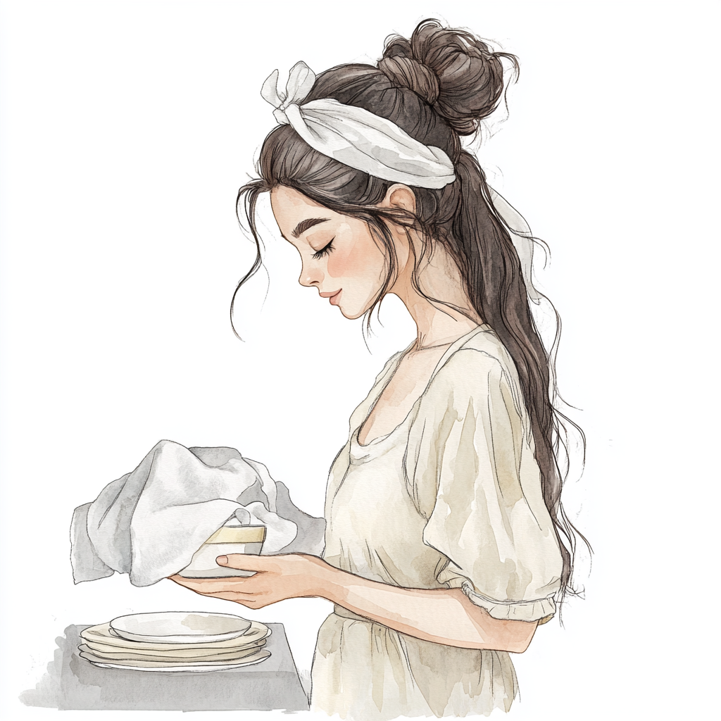 A girl with long hair doing dishes.