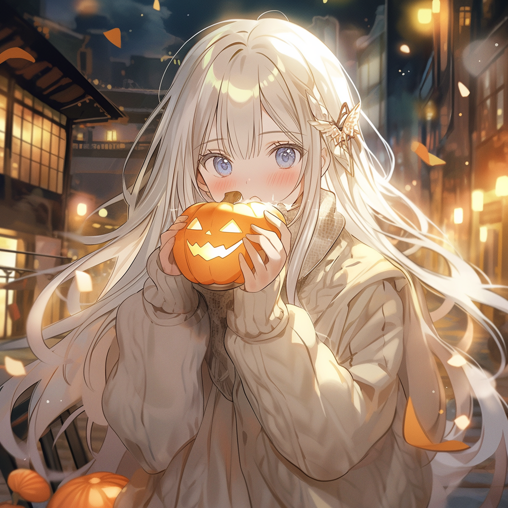 A girl with white hair eats Halloween pudding, 5.