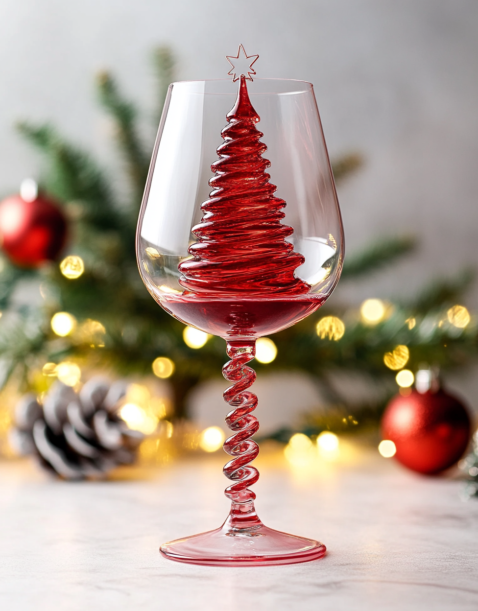 A glass of red wine with Christmas tree stem