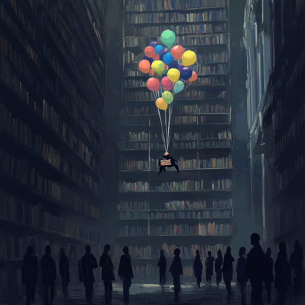 A gloomy library with students reading grey books. One student with colorful balloons and glowing book stands out.