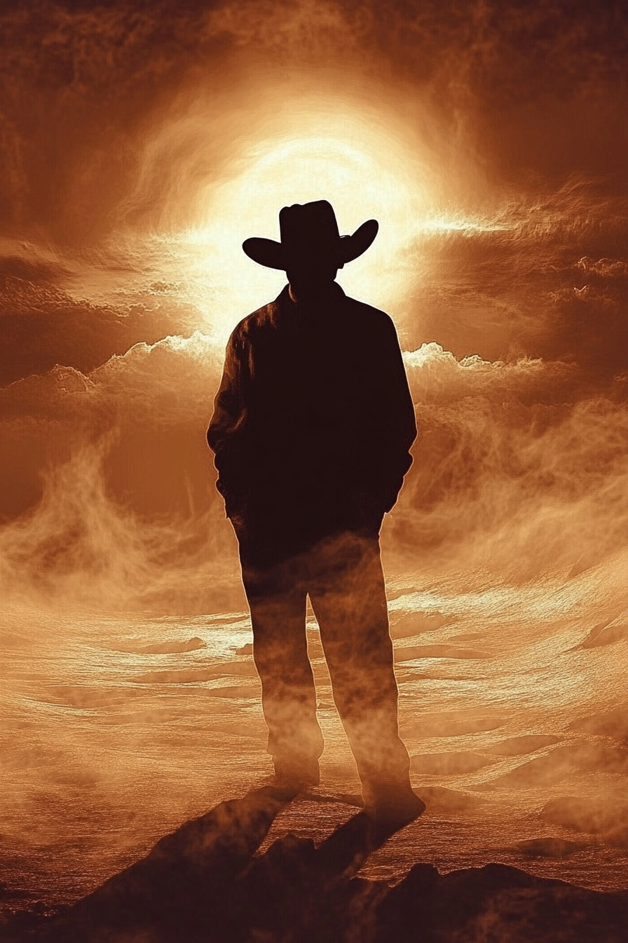 A glowing cowboy in desert sandstorm