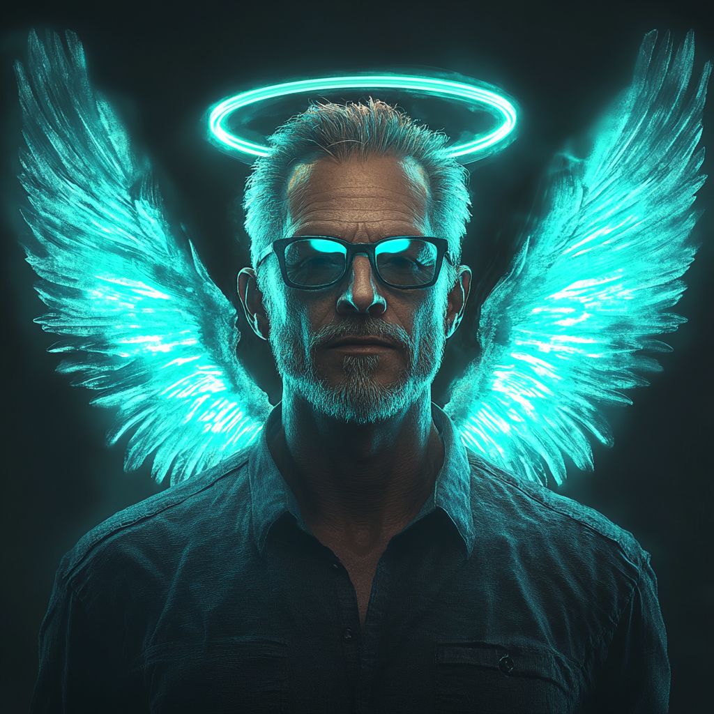 A glowing man with cyan wings and halo