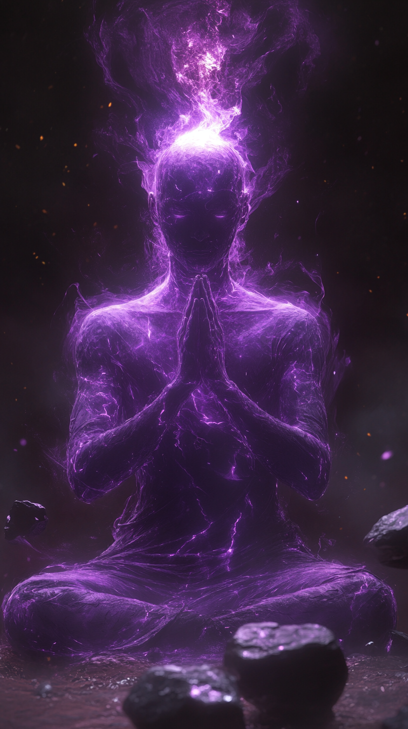 A glowing purple figure in prayerful pose.