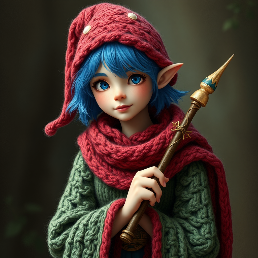 A gnome wizard with blue hair and a crochet wand.