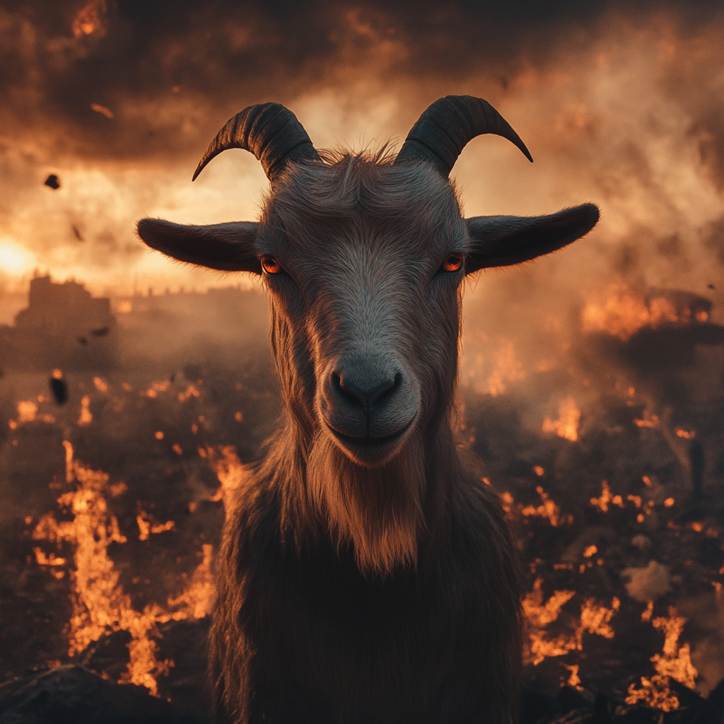 A goat stares in apocalypse, gods, demons, burning world.