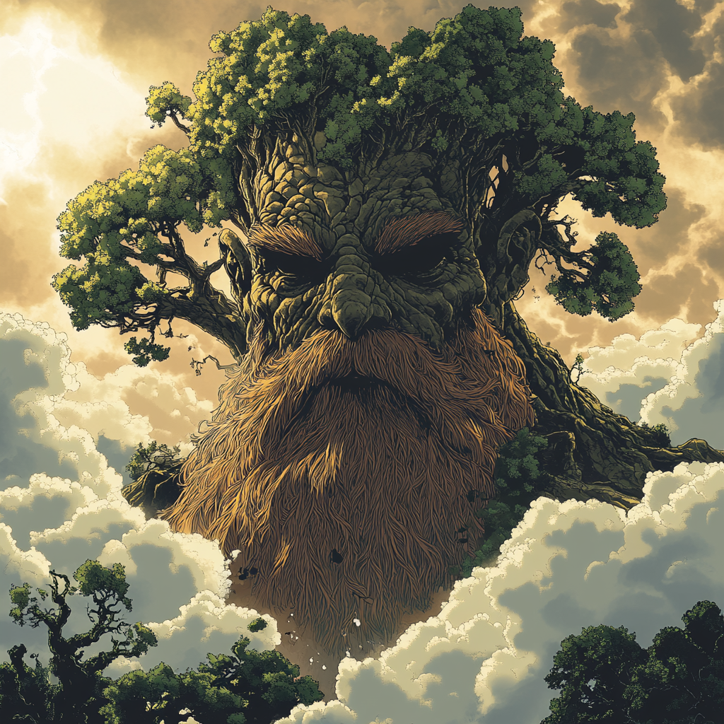 A god-like ent overlooks mystical forest from clouds