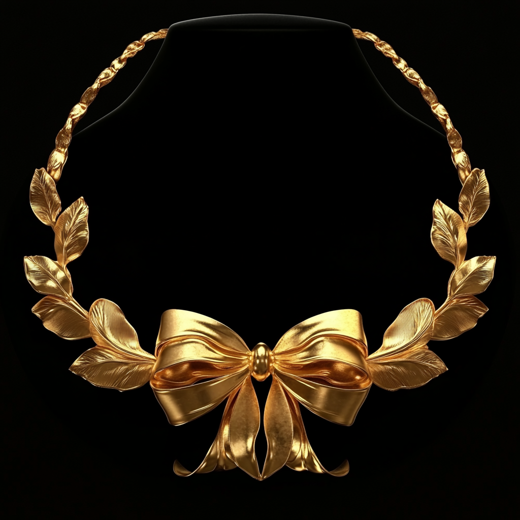 A gold rose necklace on black background.