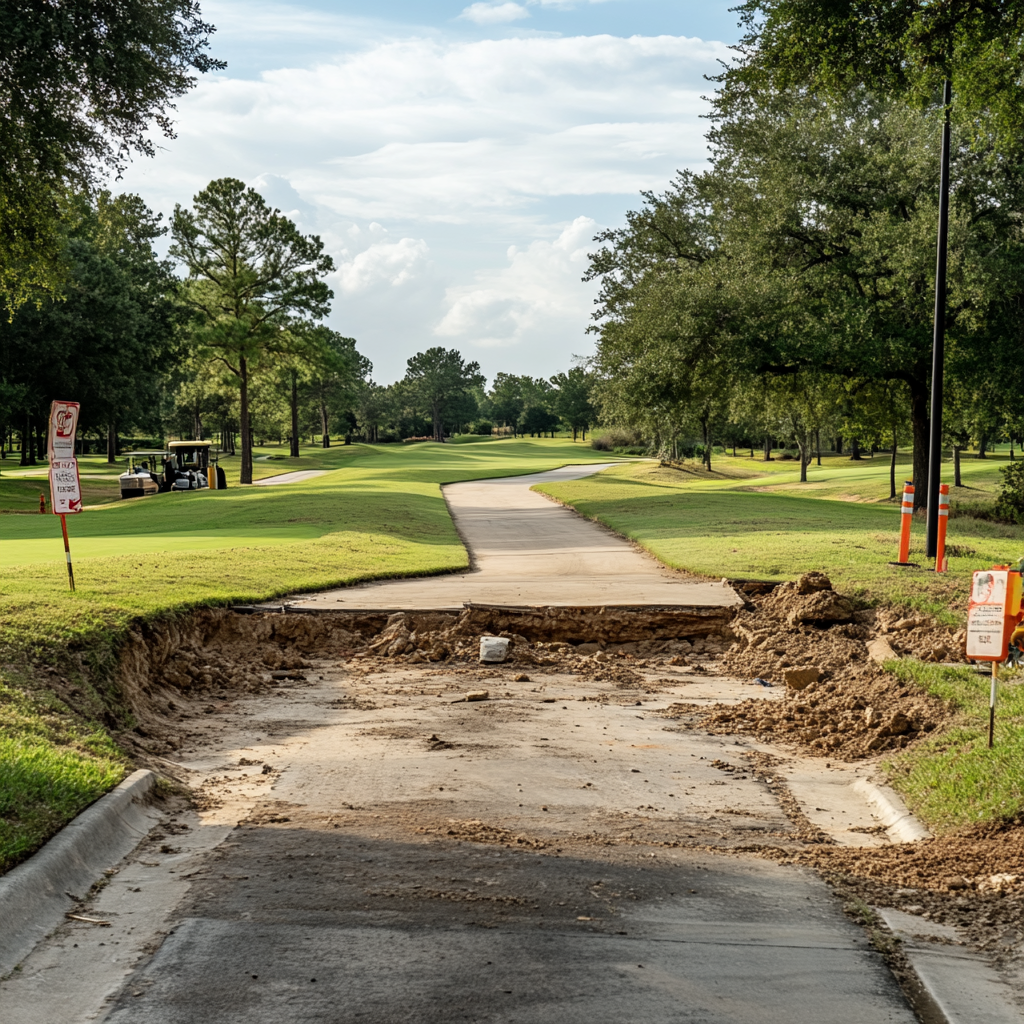 A golf cart path being repaired on a course.