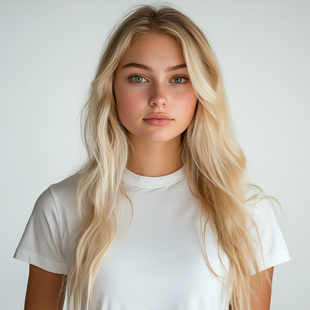 A gorgeous blonde girl wearing a white T-shirt