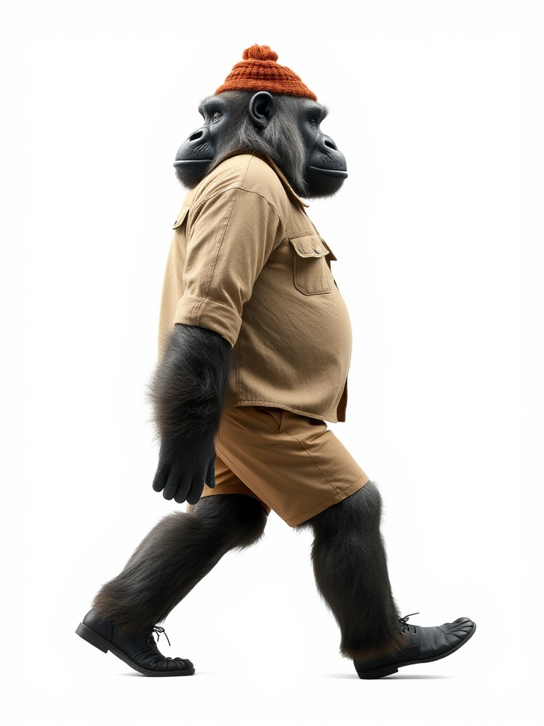 A gorilla walking like a man in clothes.