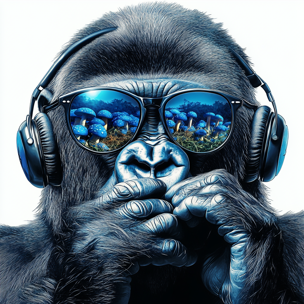 A gorilla wearing sunglasses, headphones, reflecting blue mushrooms.