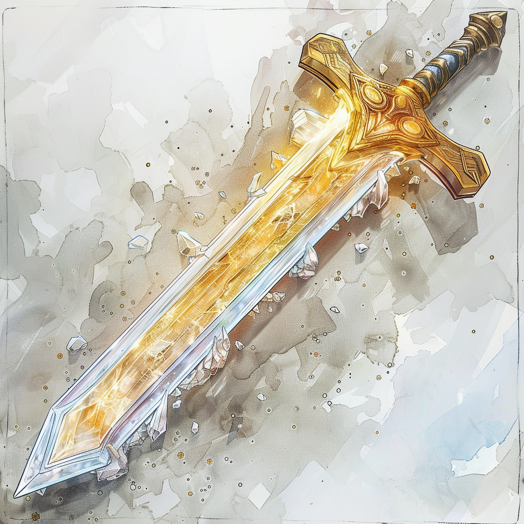 A gothic fantasy sun sword with crystal glowing blade.