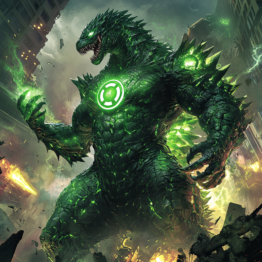 A green Lantern-Godzilla hybrid in a destroyed cityscape.