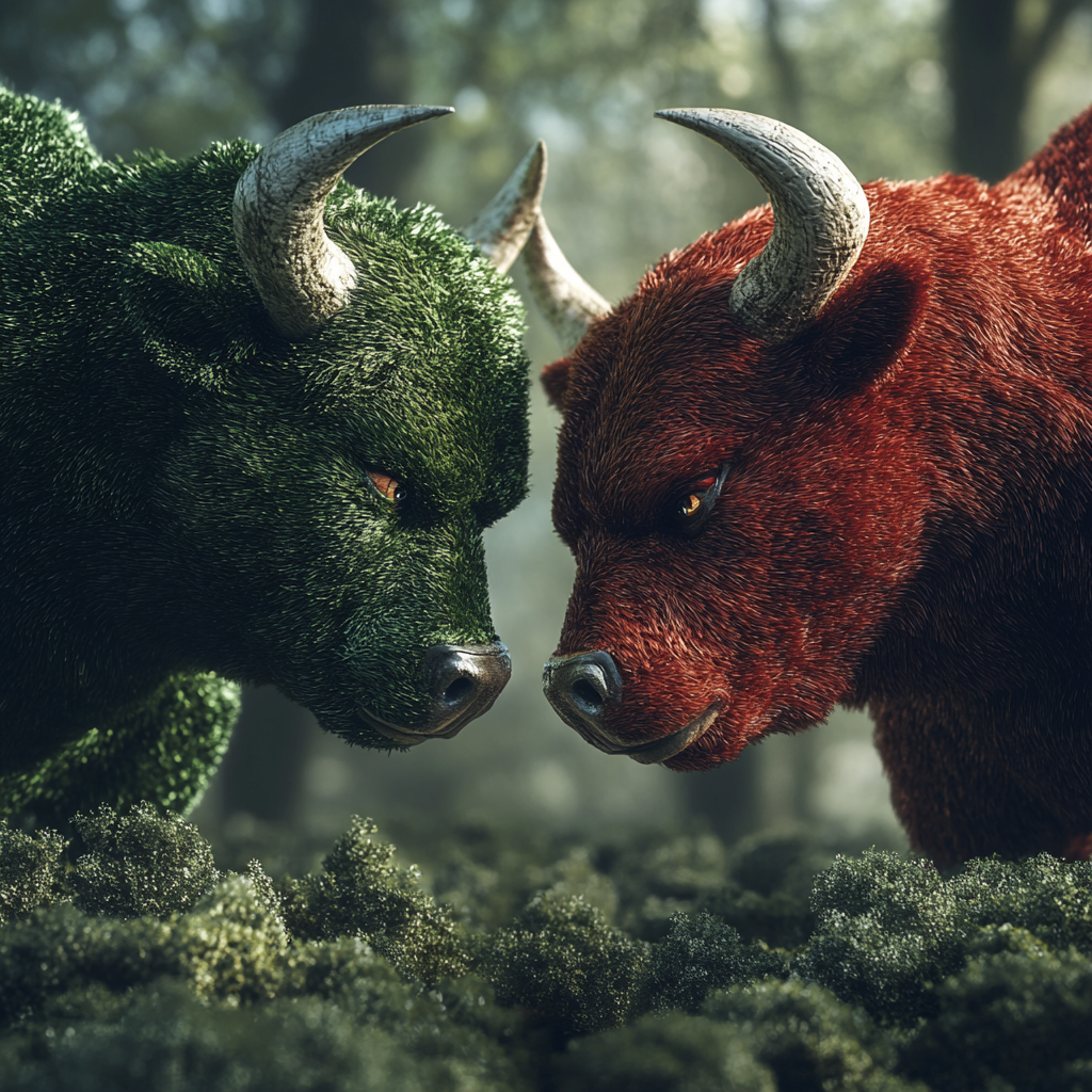 A green bull defeats a red bear in battle.